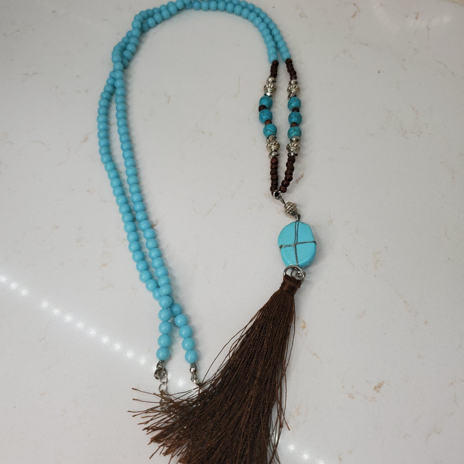 6 Beaded Tassel Necklaces – Wood & Faux Turquoise & Bone & Shell Multicolor Long