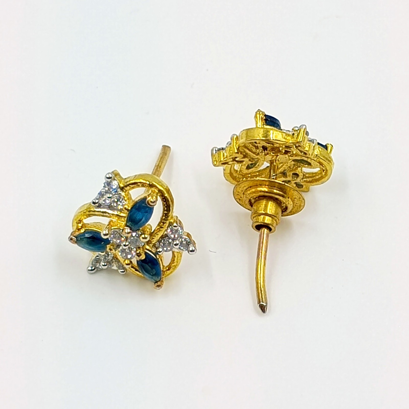 Elegant Sapphire CZ Stud Earrings 22k Gold Plated Handmade South Indian Style