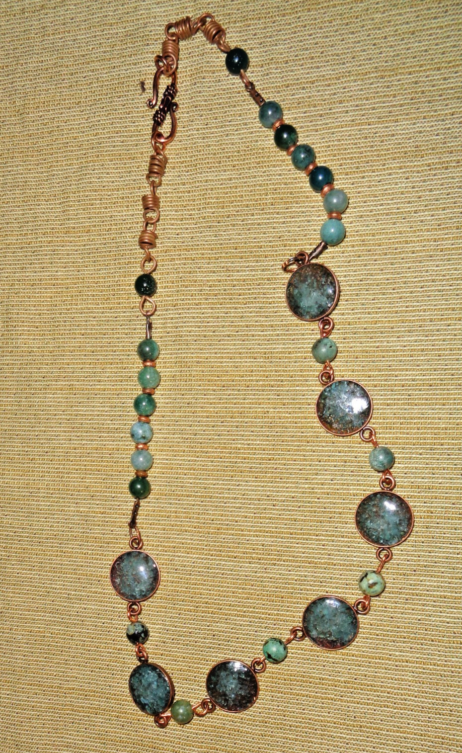 Artisan crafted, 19” crushed apatite in resin necklace, with agate connectors, a