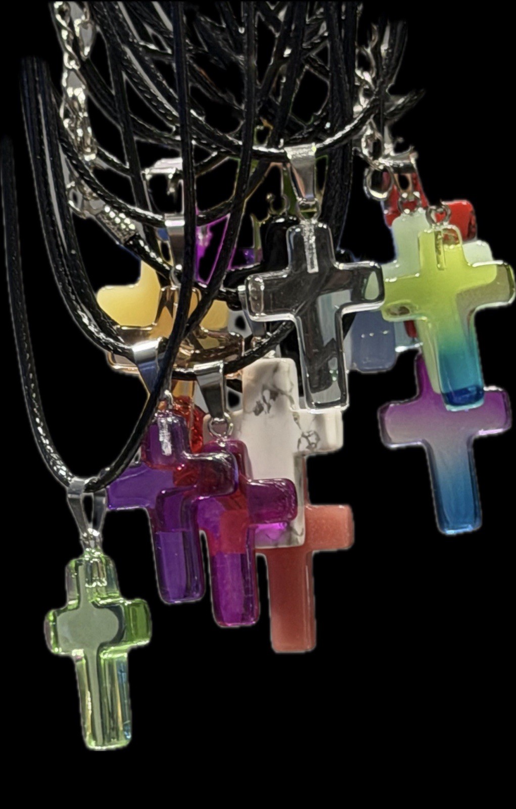 Green Glass Cross Charm Pendant Necklace Silver Tone Black Cord Religious
