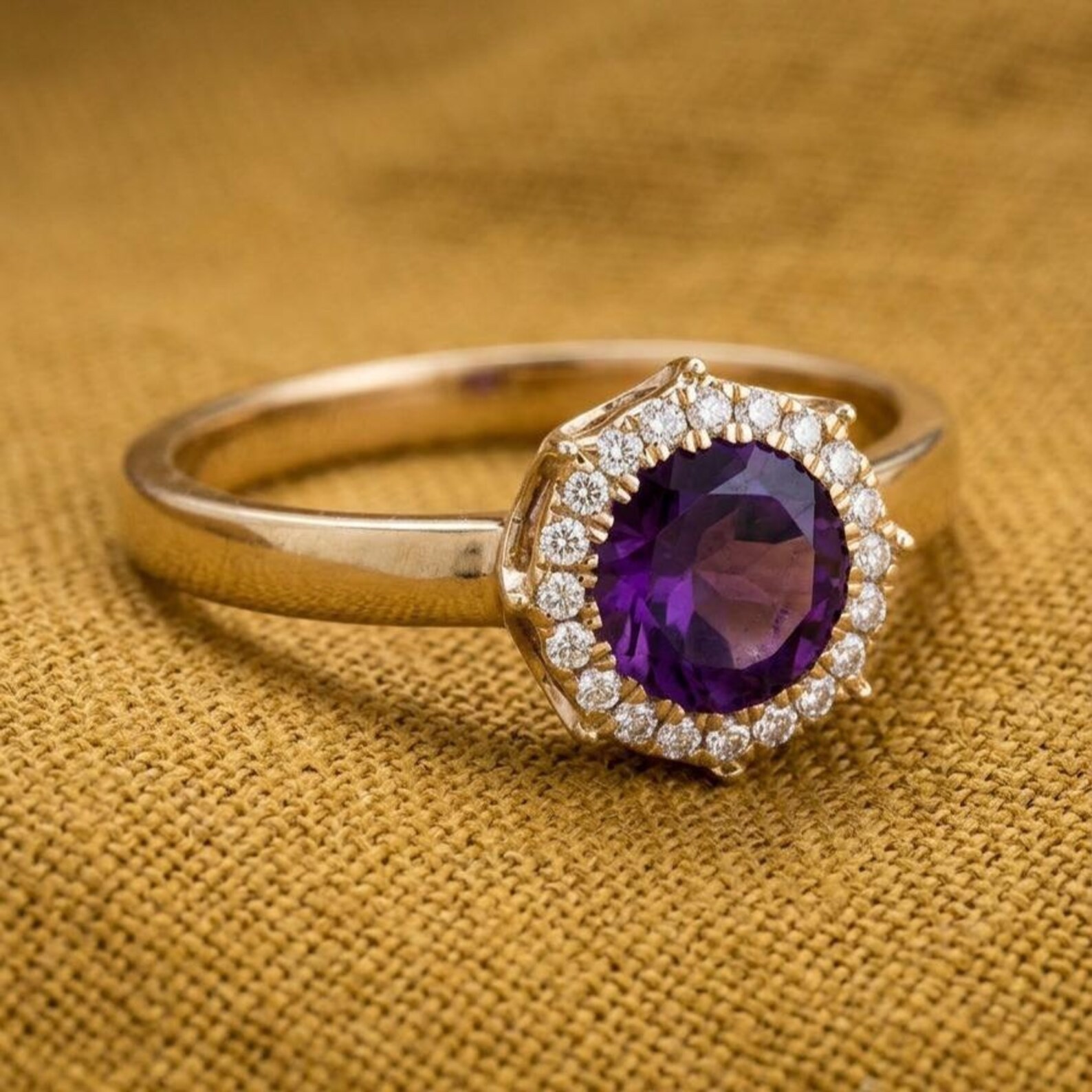 Women’s Round Cut Amethyst Halo Ring, 14K Yellow Gold Plated Promise Ring