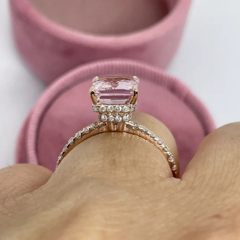 2.30Ctw Emerald Cut Lab-Created Morganite Engagement Ring 14K Rose Gold Plated