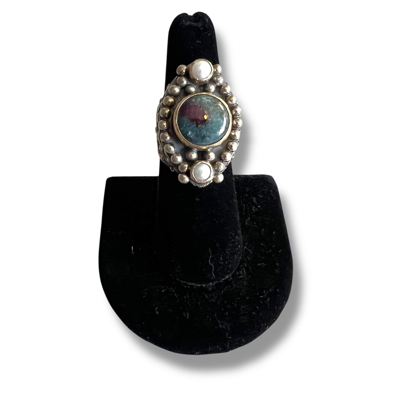 Bali 925 Sterling & 22K Gold Watermelon Tourmaline Moonstone Artisan Ring Sz 7