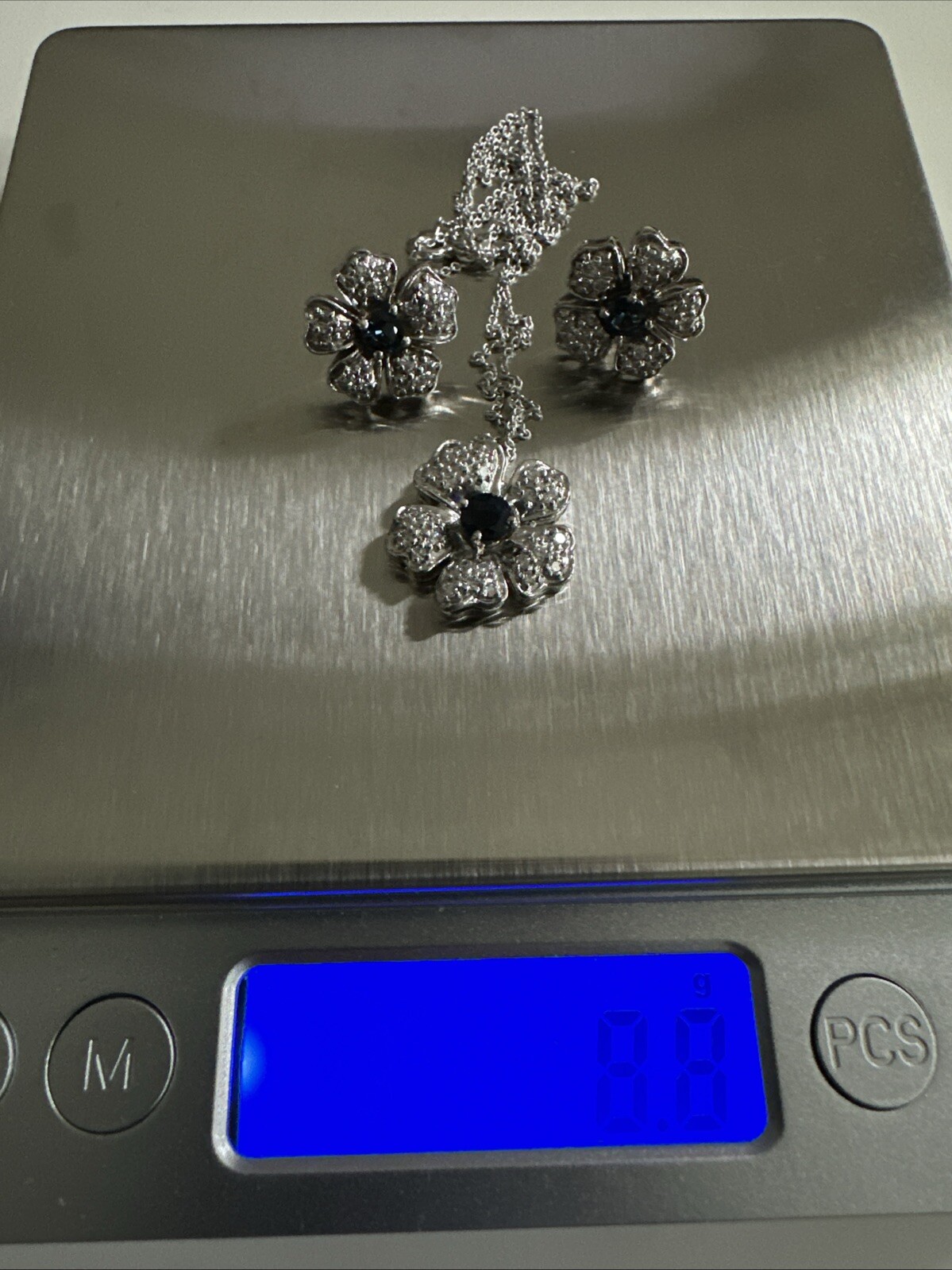 Estate 14k White Gold Flower Sapphire Diamond Pendant & Earrings 8.8grams