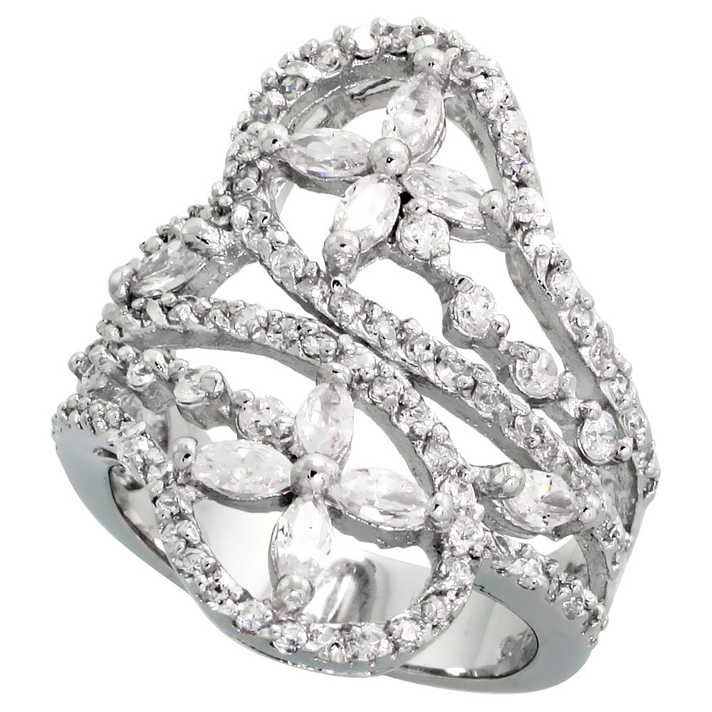 925 Sterling Silver CZ Flower Pattern Ring 1 1/16 Inch (27mm) Wide Sizes 6 to 10