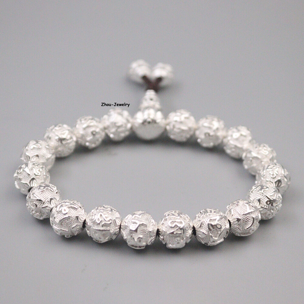 Pure S999 Fine Silver 999 Bangle 12mm Six Words Beads Link Bracelet 49-50g