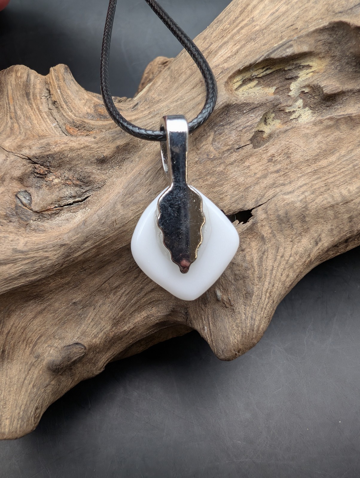 White Multicolor Necklace Fused Glass Dichroic Silver bail #1322