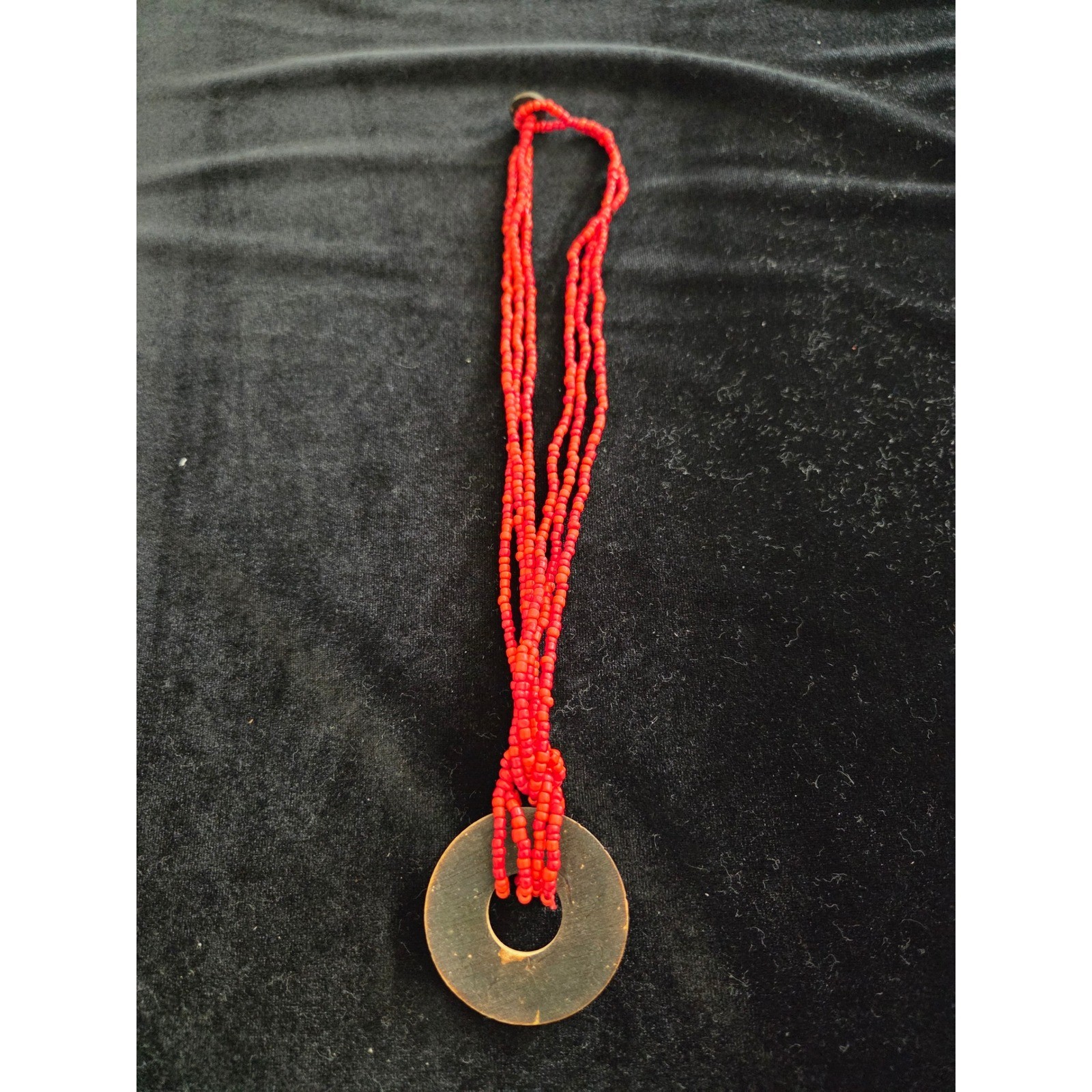 Triple Strand Red Coral Seed Bead Necklace Etched Circle Horn Pendant Boho Beach