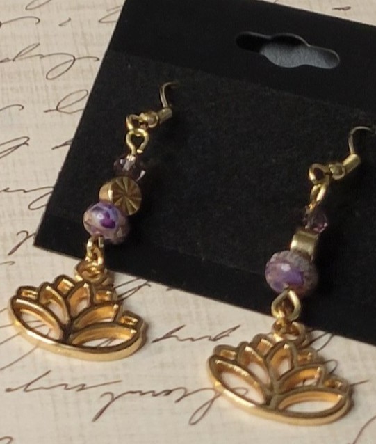 3-Piece Set with Purple Imperial Jasper, Glass, Gold Plated Charms and Findings