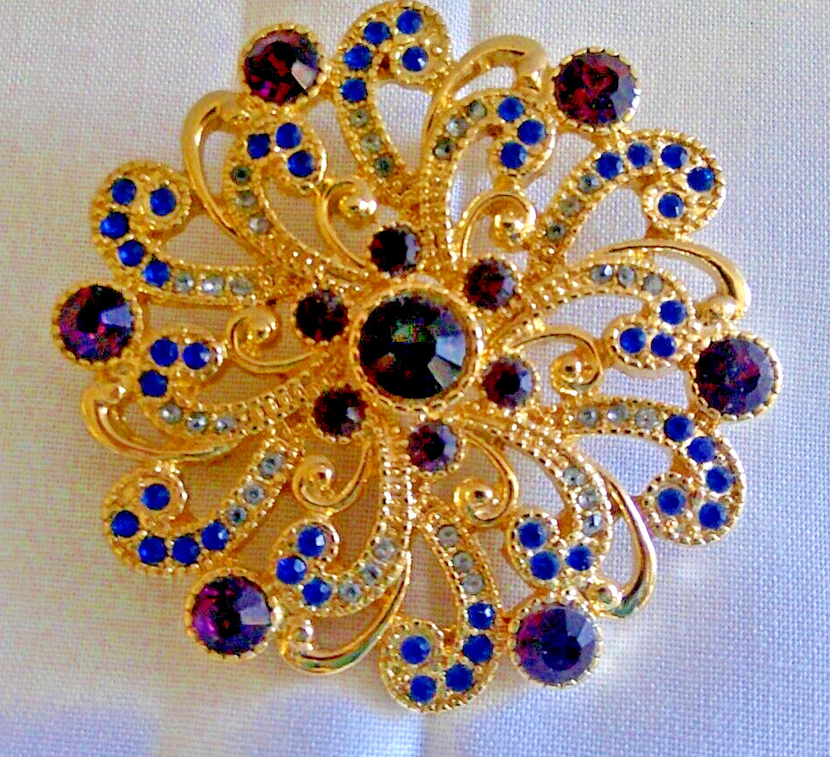 Vintage Monet Signed Starburst Brooch Purple & Blue Rhinestones 2 1/4″ – MCM