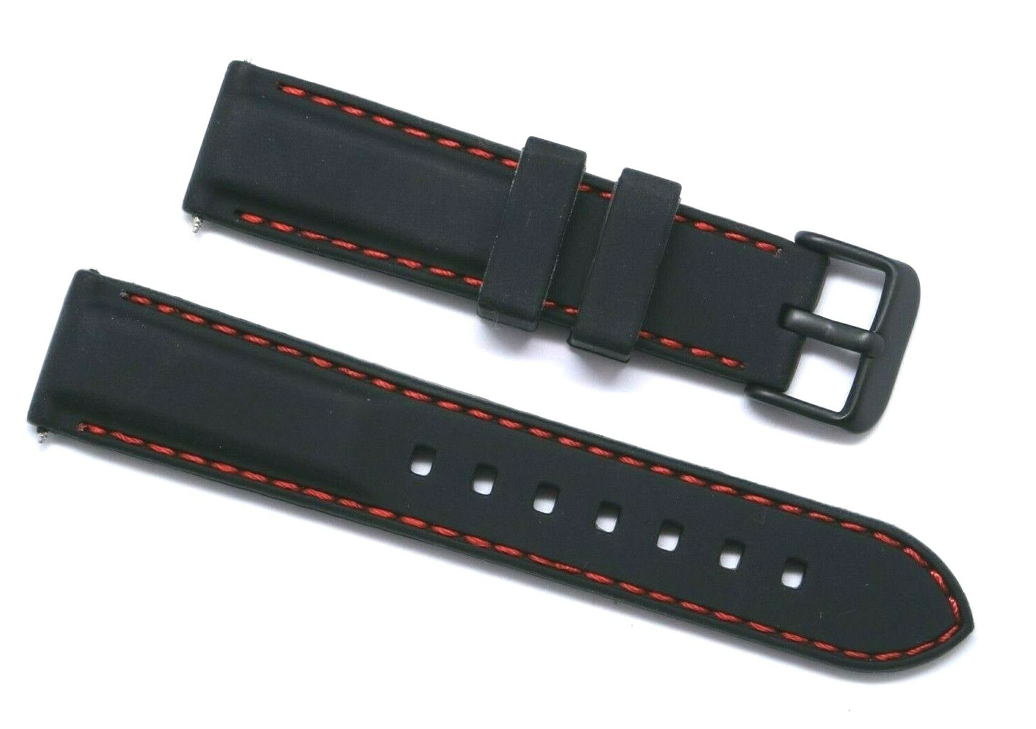 20mm Black Rubber Red Stitching Watch Band Black Buckle With 2 Spring Bar