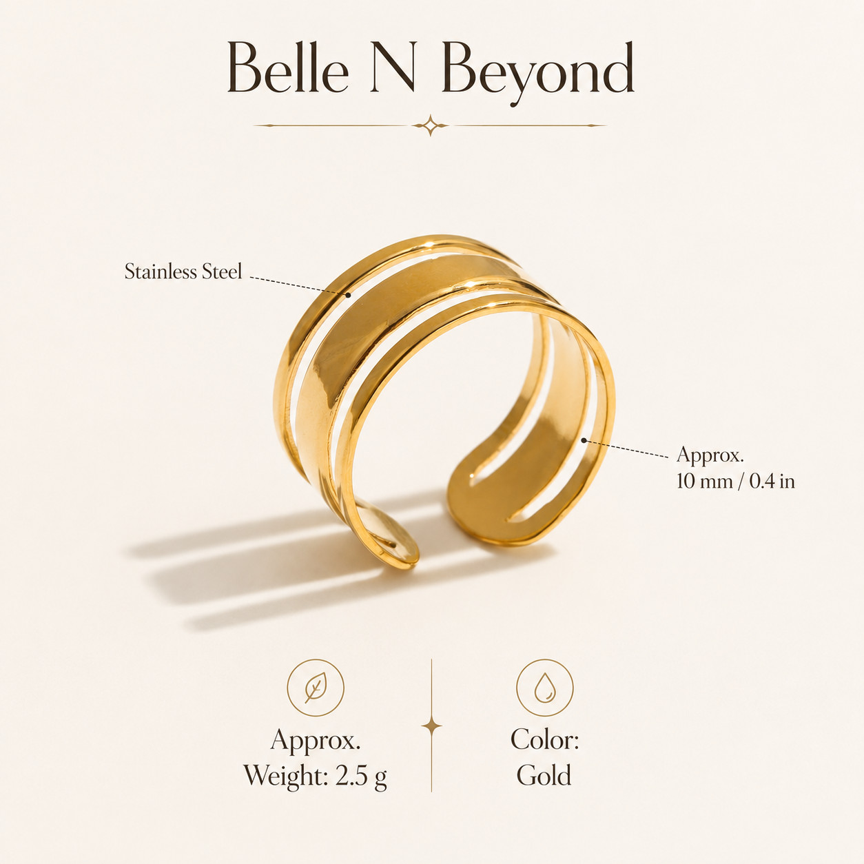 Wide Triple Band Open Ring Gold Silver Tone Stainless Steel Women’s Jewelry