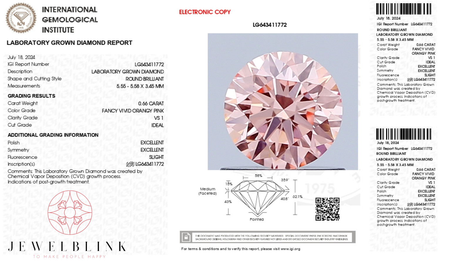 IGI Certified 0.66 CT VS1 Fancy Vivid Orangy Pink Round Cut Lab Grown Diamond