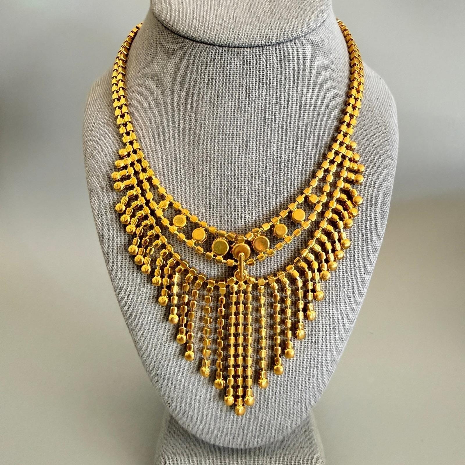 Vintage Blue White AB Rhinestone Bib Necklace 16″ Gold Tone Statement Cocktail