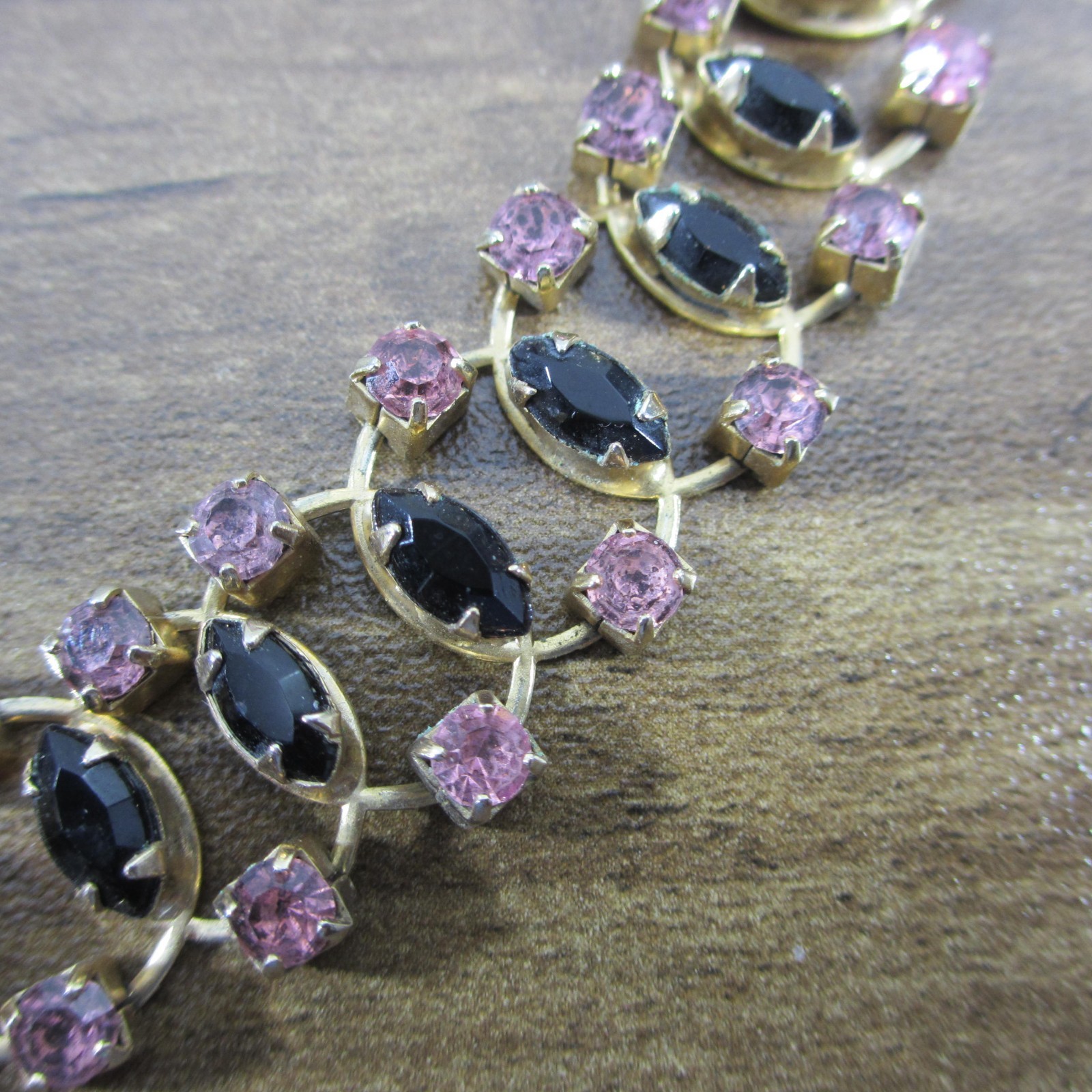 Vintage Rhinestone Necklace Purple Black Gold Tone Choker Collar 15 Inch
