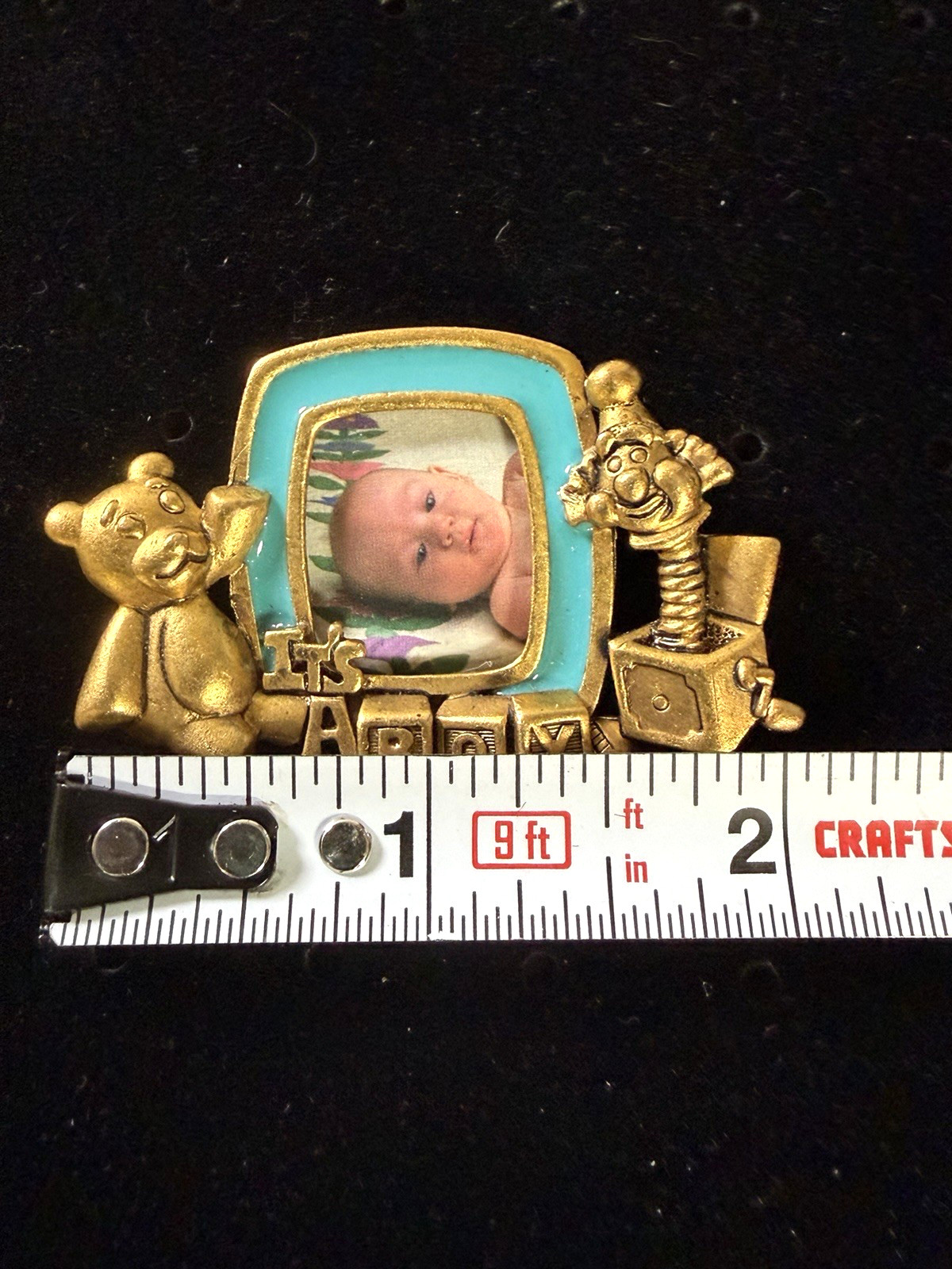Vtg New DANECRAFT It’s A Boy Birth Photo SIGNED Brooch Pin Antique Gold Plate 2″