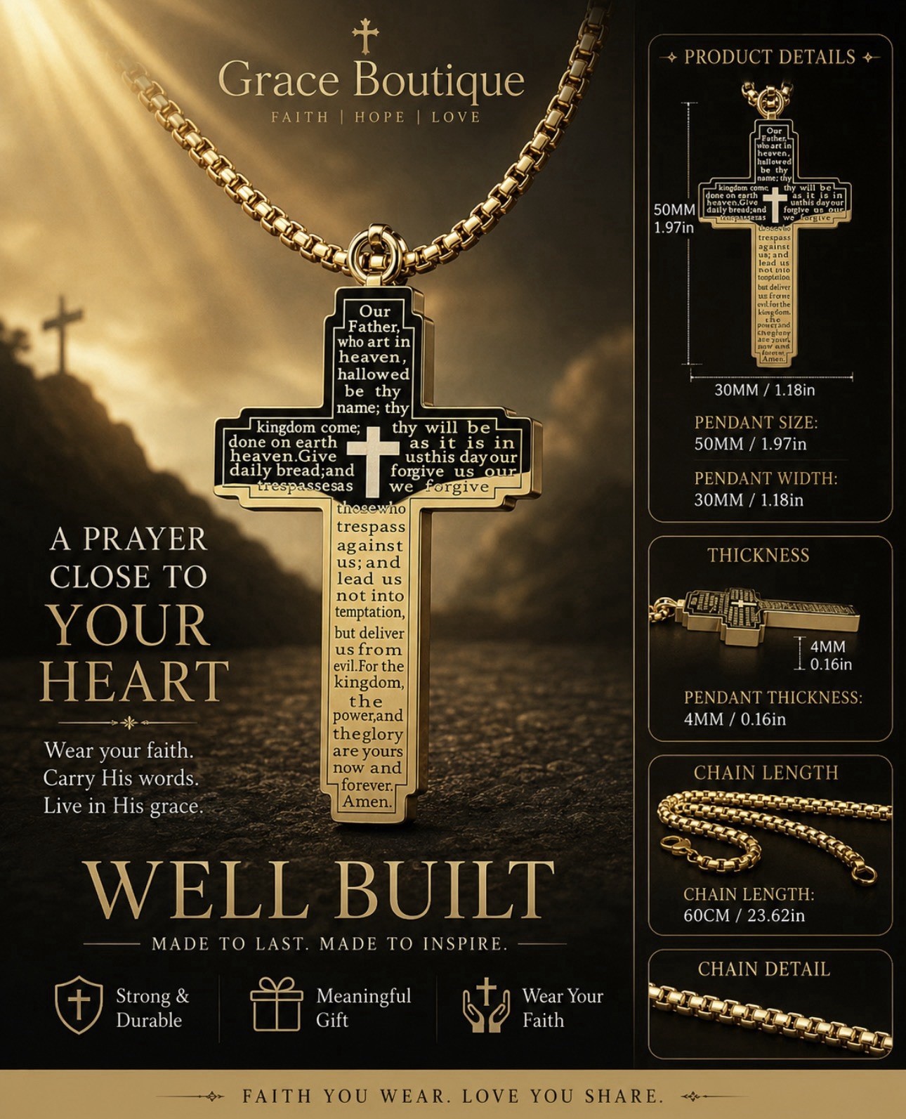 Grace Boutique Prayer Cross Pendant Necklace Gold/Black Metal Box Chain 23.62in