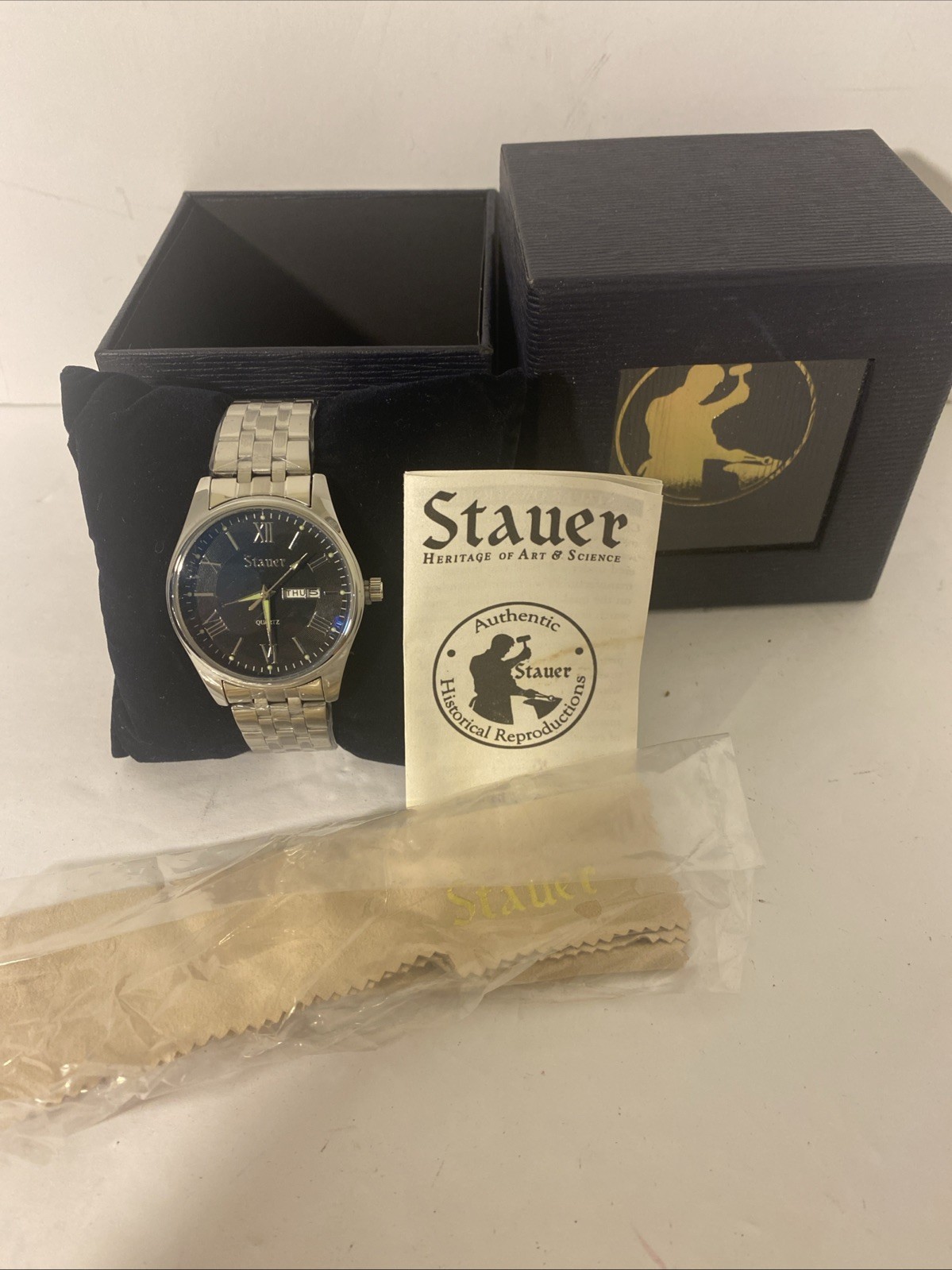 Vtg STAUER 35713 Blue Large Face Mens Watch OG Box New Roman Numerals Quartz