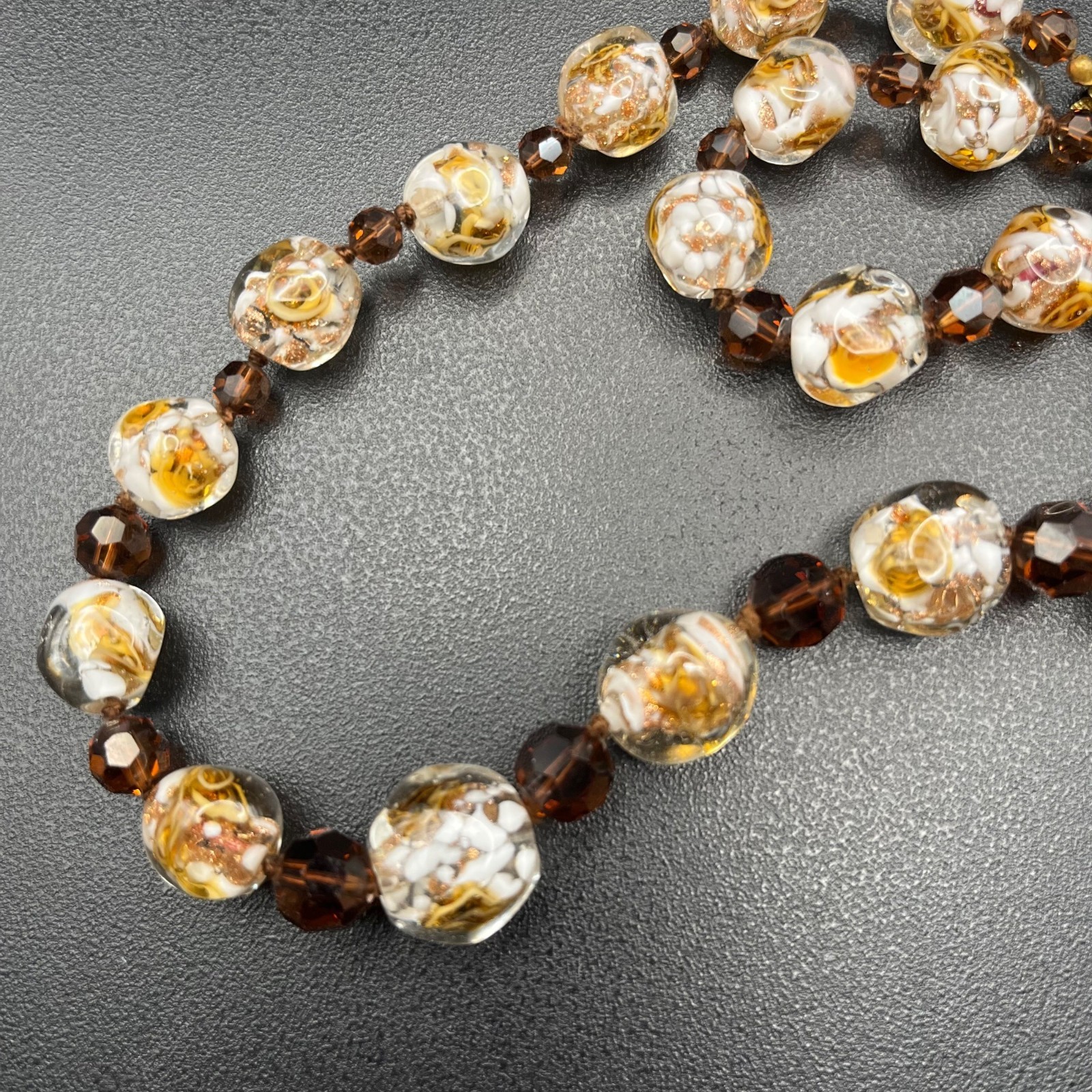 Vintage Art Glass Necklace Gold Foil Beads Lamp Work Smoky Brown Spacers 20″ WOW