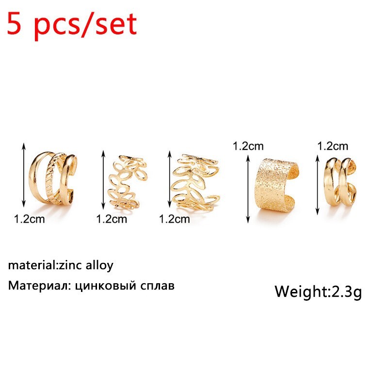 New 5pc Gold Silver Color Metal Ear Cuff Non-Piercing Ear Clips Earrings Jewelry