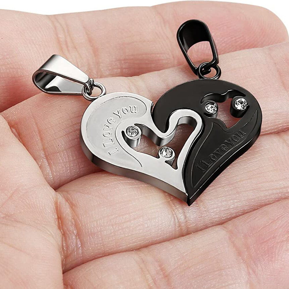 Stainless Steel Mens Womens Couple Necklace Pendant Love Heart Puzzle Matching