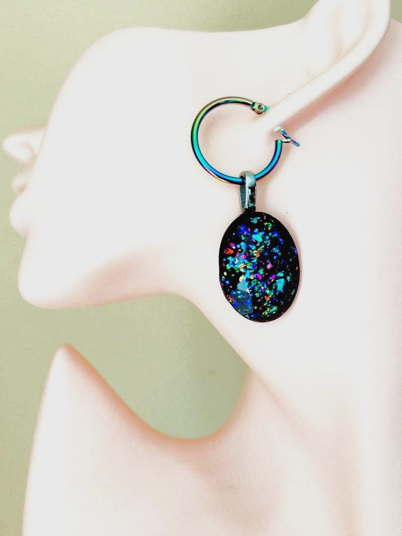 Opal Earrings Faceted Peacock Resin Opal 21x28mm & Rainbow Stainless-Steel Hoops