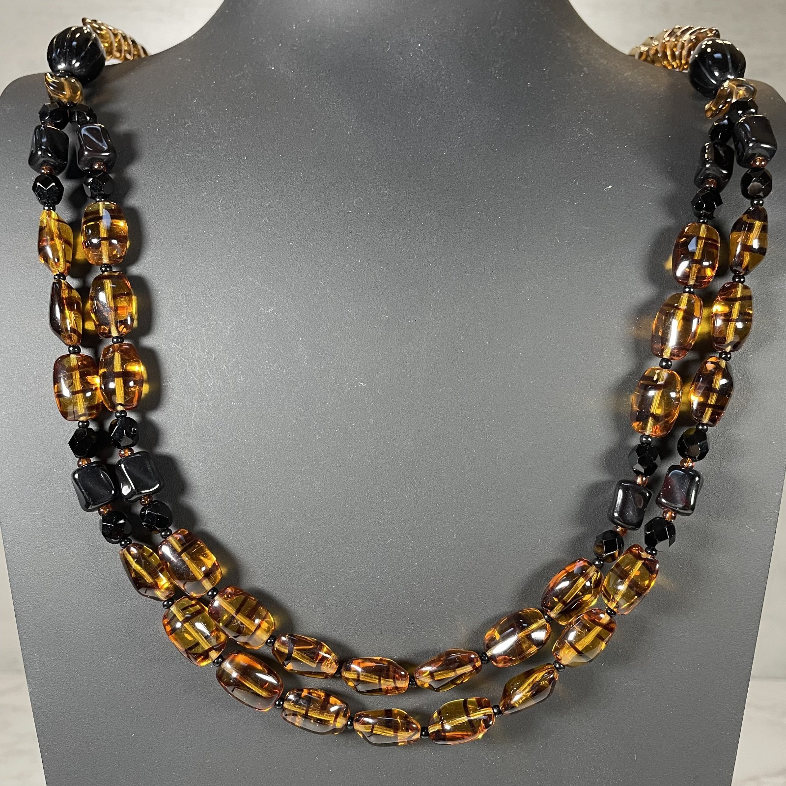 VTG ELLE of California Multi Strand Finest Bohemian Amber Glass Bead Necklace