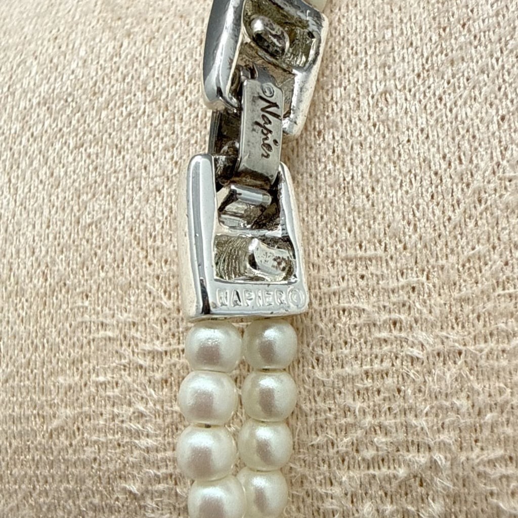 Vtg Napier Two Strand Faux Pearl Rhinestone Bar Silver Tone Bracelet Bridal 7”
