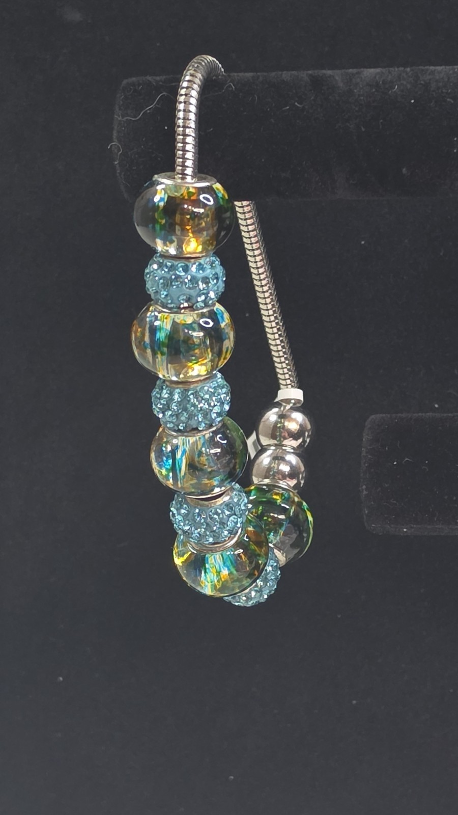 Silver Tone Snake Chain Magnetic Clasp Beaded European Charm Bracelet Blue 8in