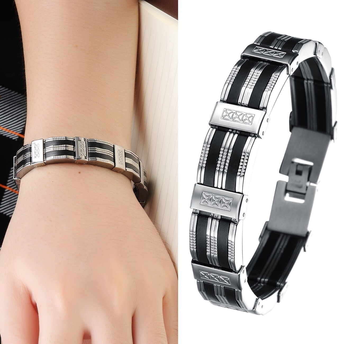 Mens silicone Bracelet Bangle Stainless Steel Fashion Jewelry 13mm 8.26inch