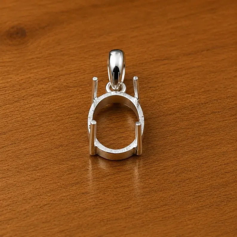925 Sterling Silver 10x12mm Oval Prong Pendant Setting Handmade DIY Jewelry