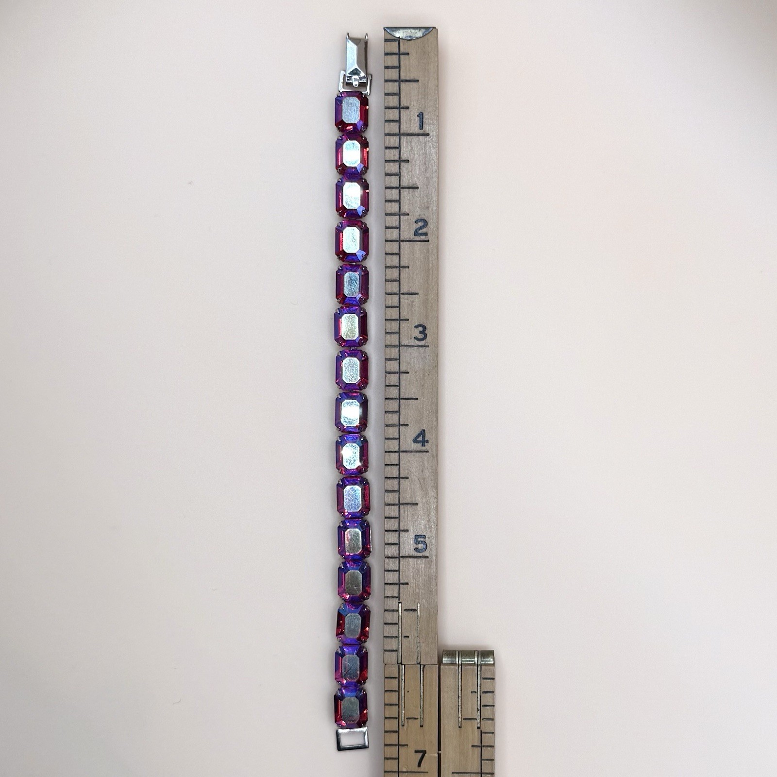 Signed Weiss AB Crystal Bracelet | Purple Pink Emerald Cut Rhinestones