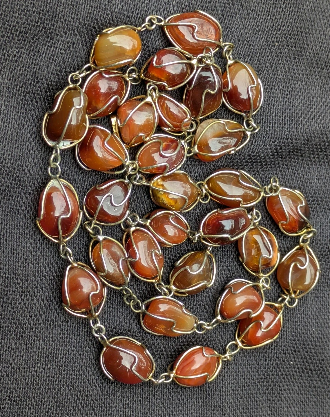Wire Wrapped Tumbled Banded Agate 32.5″ Necklace ~ Red Orange Brown Gemstone F19