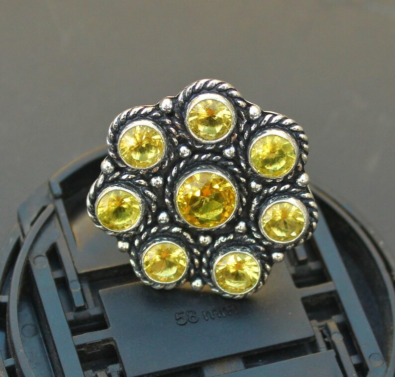 Citrine Cluster Ring | Vintage Style Citrine Ring | Yellow Gemstone silver ring