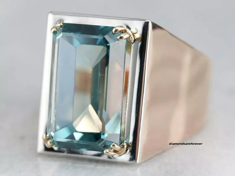 28.41 Carat Transaparent Emeralds Shape Aquamarine Solitaire 925 Silver Men Ring