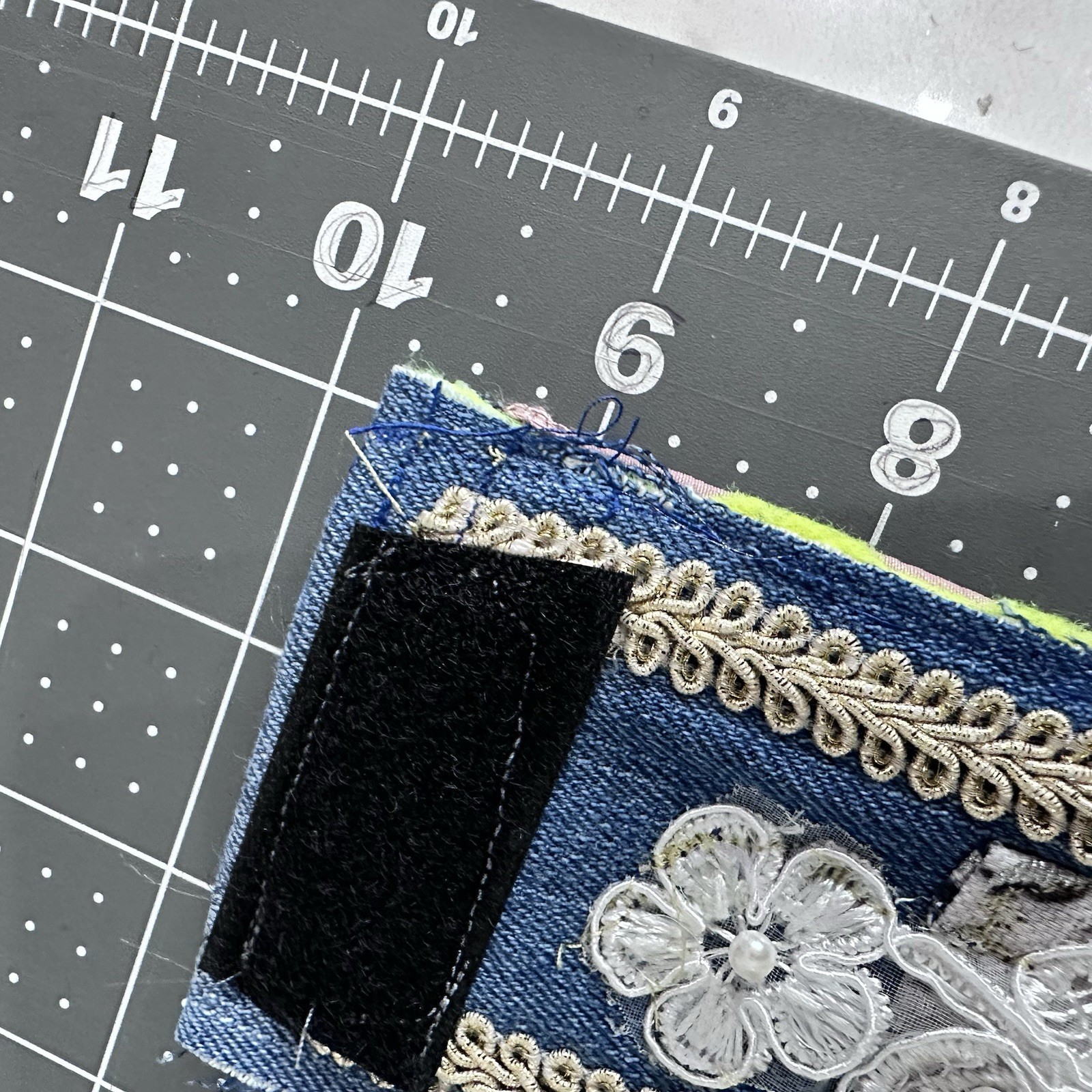 Wide Cuff Bracelet Boho Denim Fabric Embellished 3D Floral Lace Handmade 6-7