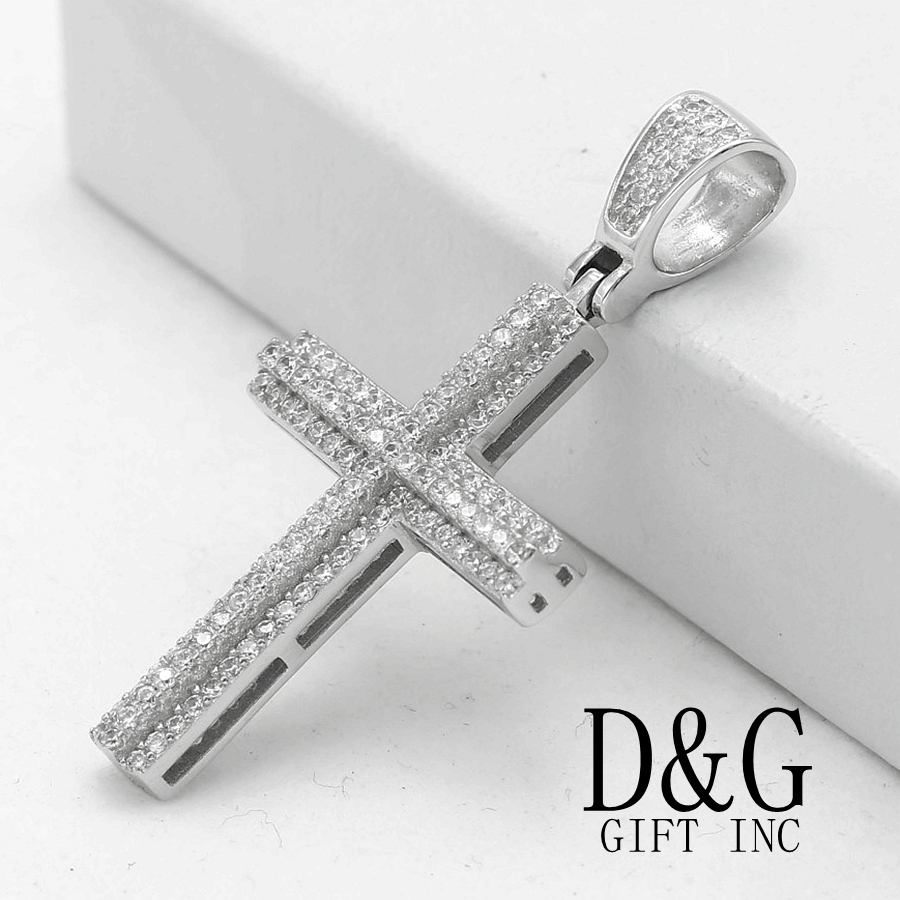 DG Men’s 925 Sterling Silver 40mm Cross Bling Cubic Zirconia.Charm.Unisex,,Box
