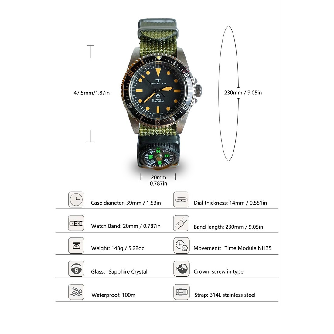 Dagger Axe DG-T008 Automatic Steel Fabric Compass Green Diver Men’s Watch