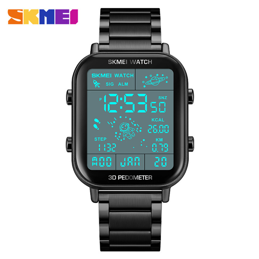 NEW Men Watch Rectangle Digital Wristwatch Full Steel Electronic Digital Watch