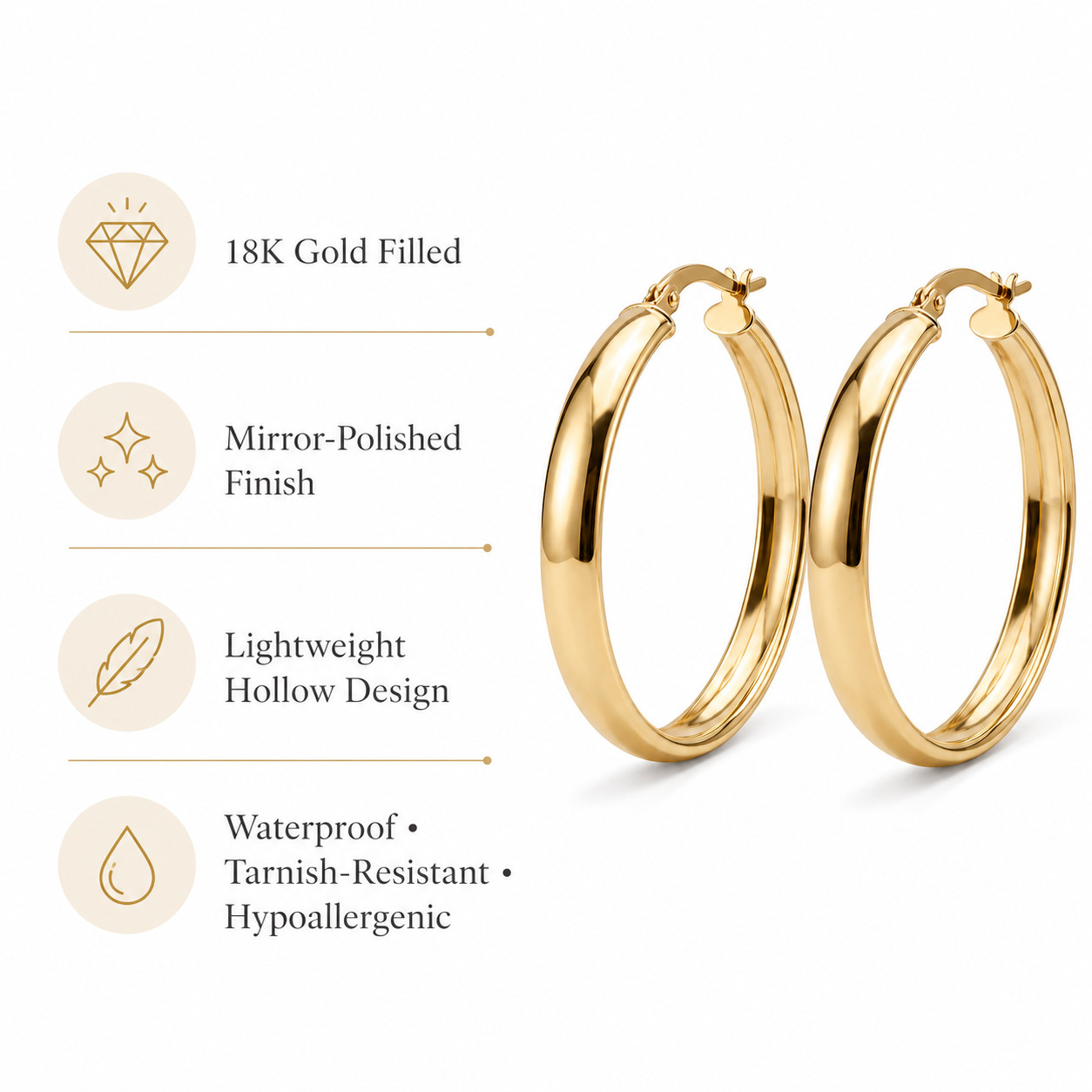 18K Gold Filled 20mm Hoop Earrings Thick Lightweight Hypoallergenic Women