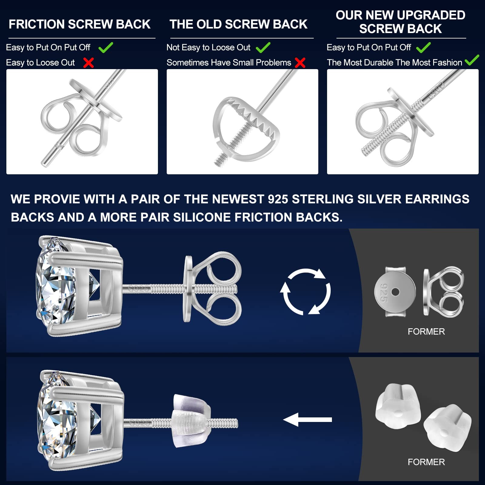 Moissanite Stud Earrings Screw Back 3-10mm 0.2ct-8.0ct 18K White Yellow Rose …