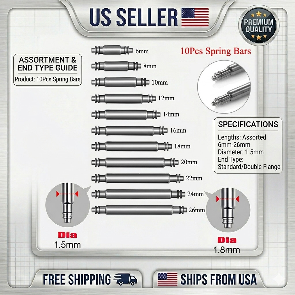 10 pcs Watch Spring Bar Pins Watchband Stainless Steel -Diameter 1.5mm or 1.8mm