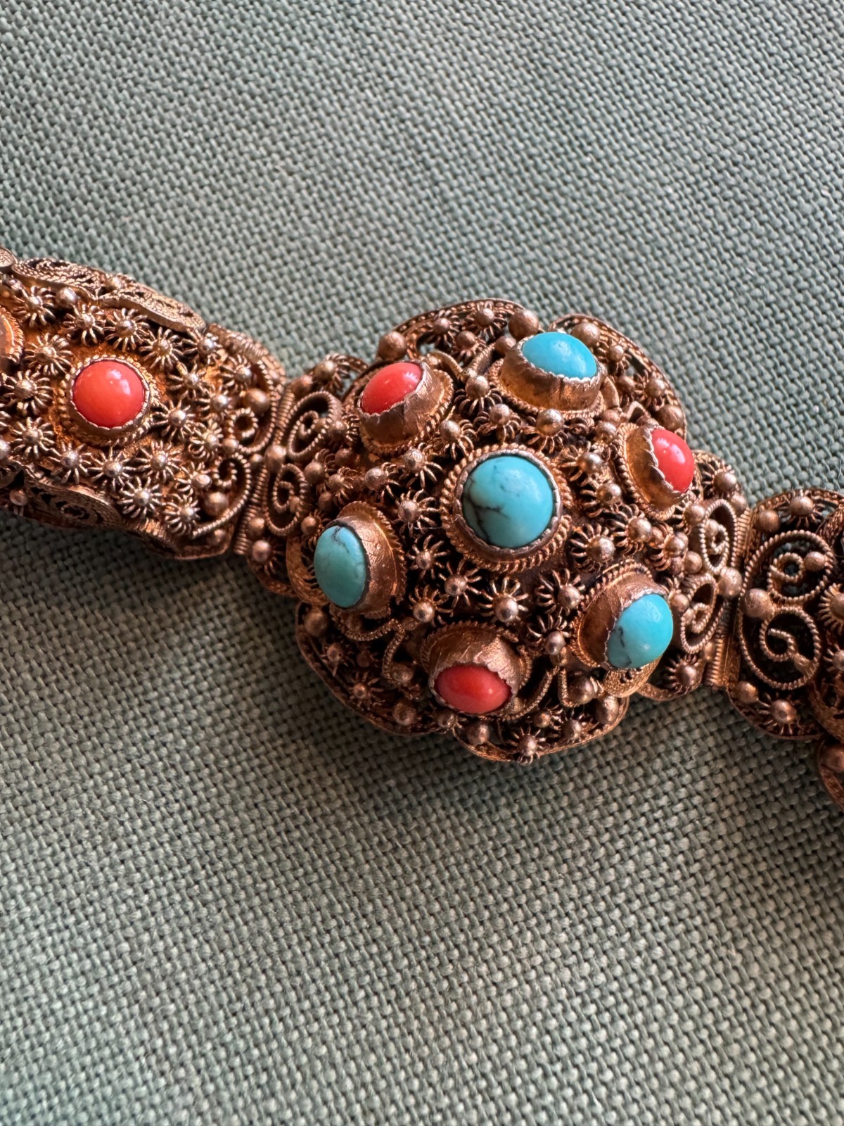 Intricate Gold Wash Silver, Turquoise & Coral Bracelet, ASIA, China, VINTAGE