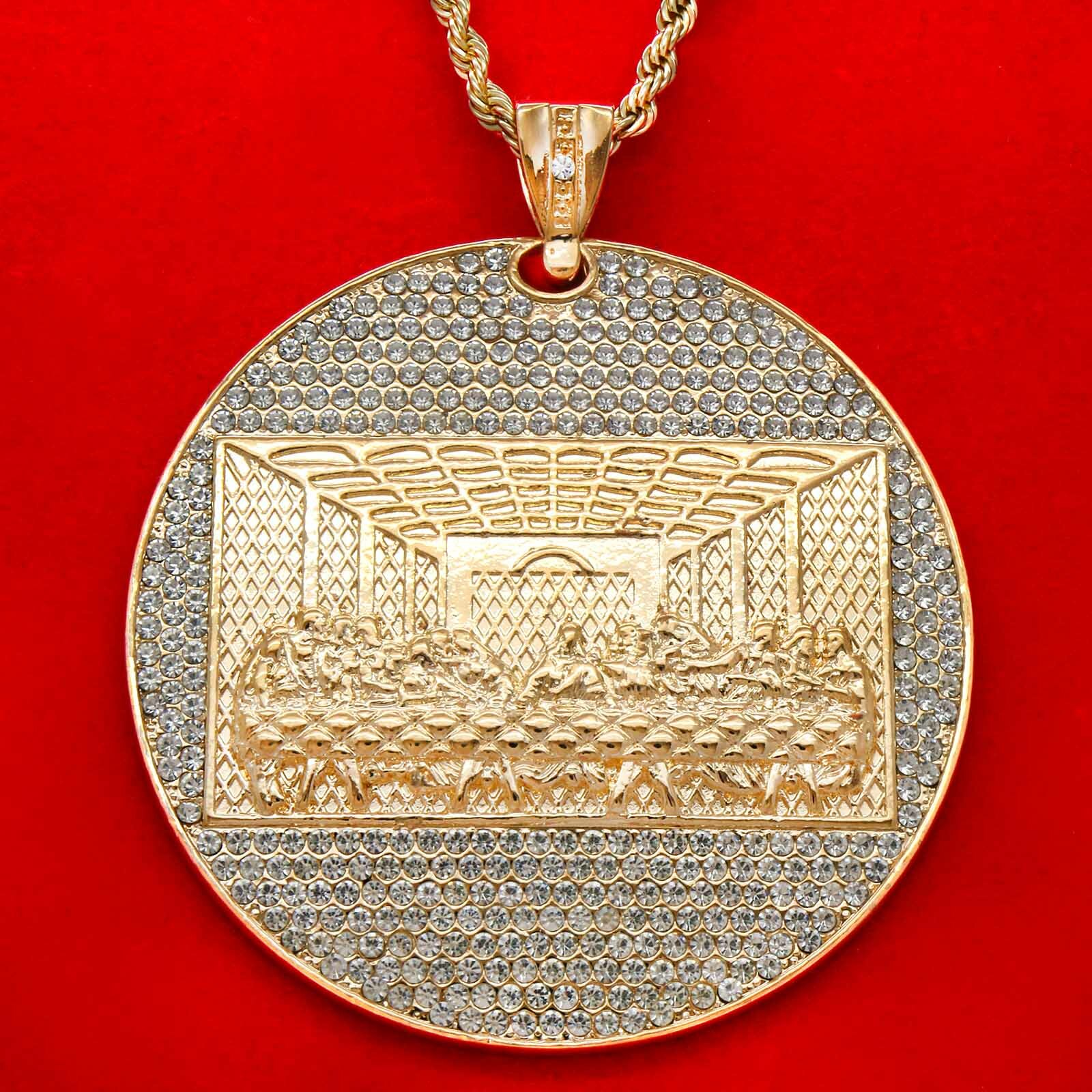 14k Gold Plated ” Huge LAST SUPPER” Pendant Cubic Zirconia 30″ Rope Chain