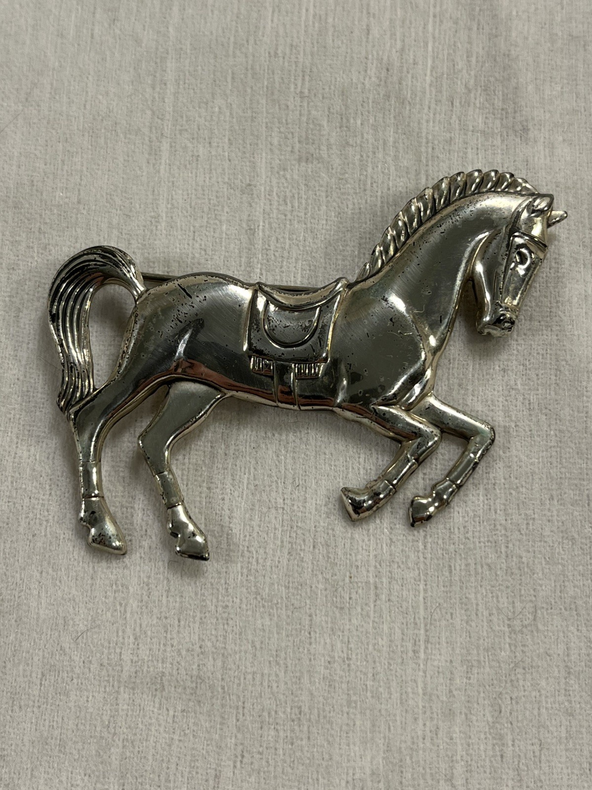 Vintage Sterling Silver Large Standing Horse with Saddle Pin 2.5″ — 2922