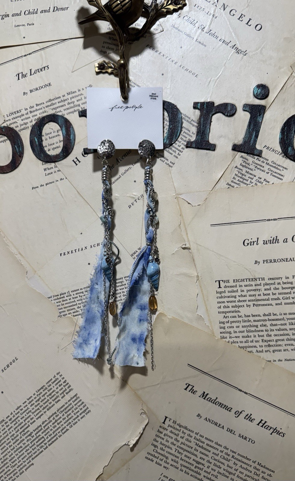 Free People Clearwater Dangle Earrings Charms Shells Ribbon Indigo NWT