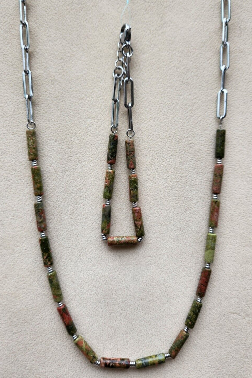 Unakite Paperclip Chain Necklace (20-22 In) & Bracelet (7.5-9.0 In) in Stainless