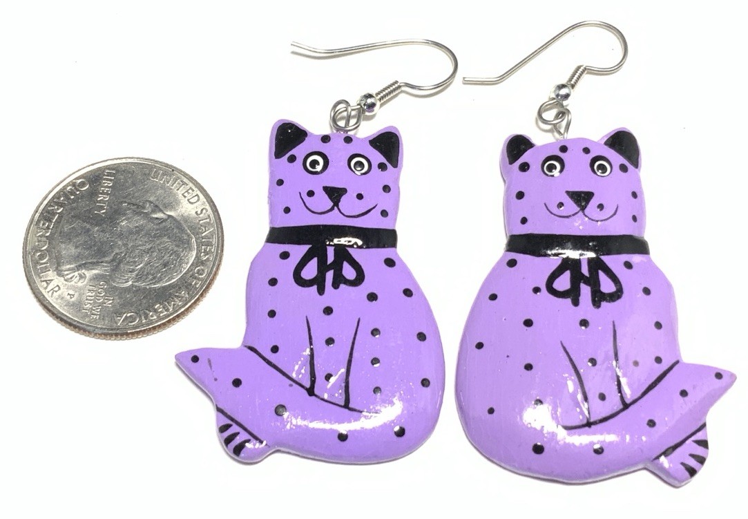 Silver Tone Dangle Drop Purple Cat Earrings LY128