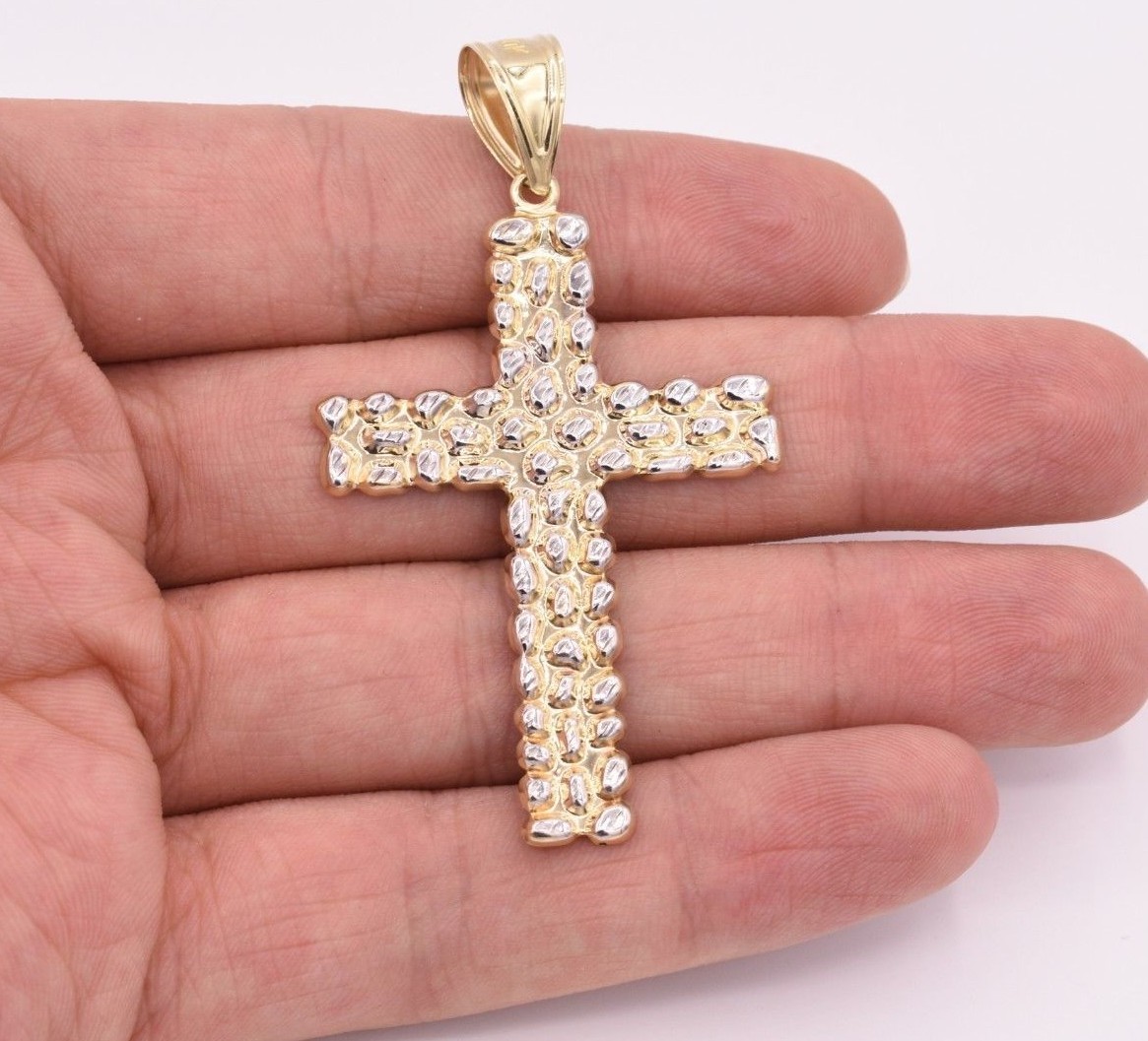 2 3/4″ Big Nugget Textured Cross Pendant Charm Real 10K Yellow White Gold