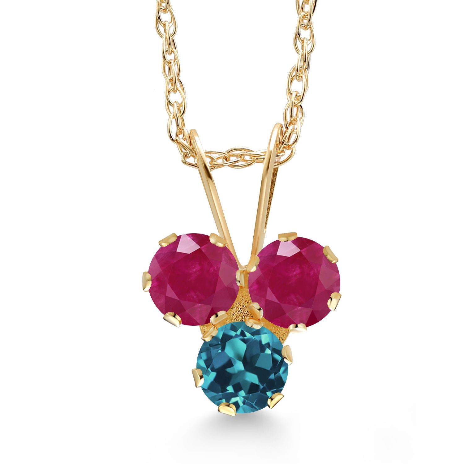 14K Yellow Gold Ruby and London Blue Topaz 3-Stone Pendant Necklace For Women